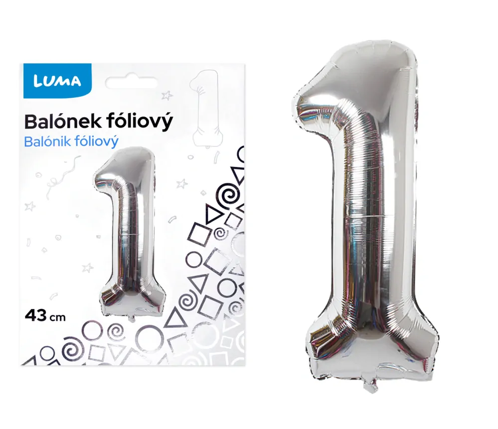 BALÓNEK FOLIOVÝ č. 1 STŘÍBRNÝ 43cm LUMA