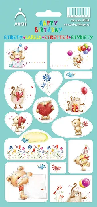 SAMOLEPKY DEKORAČNÍ ETIKETY HAPPY BIRTHDAY MEDVÍCI ZELENÉ 3584