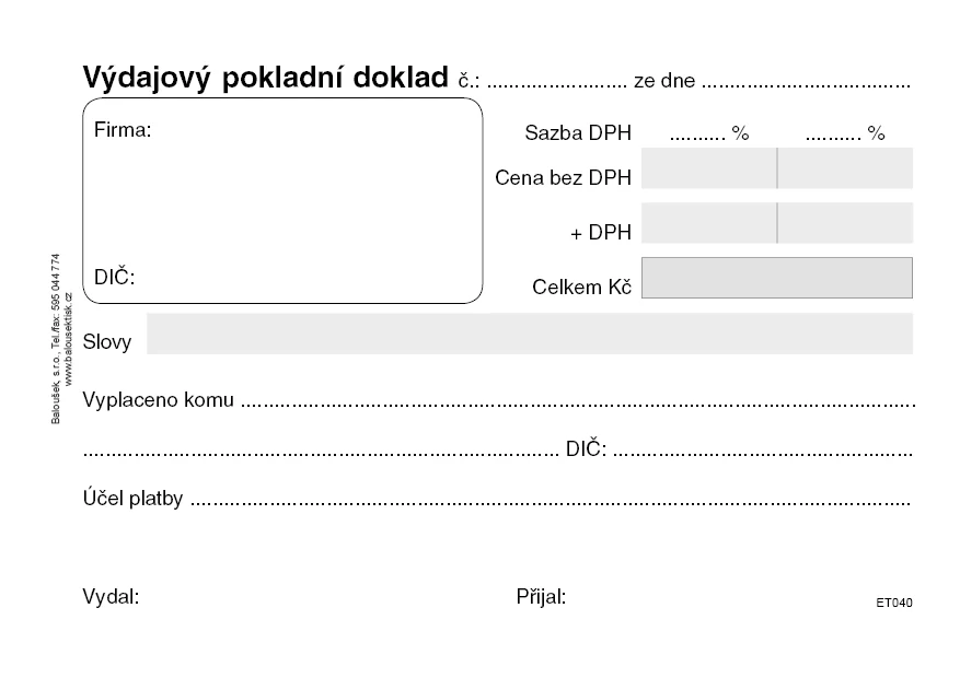 VÝDAJOVÝ POKLADNÍ DOKLAD JEDNODUCHÉ ÚČETNICTVÍ OBYČEJNÝ ET040